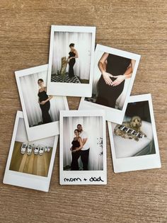 five polaroid photos of women in black dresses