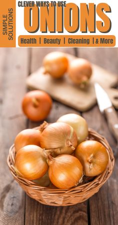 onions sitting in a basket on top of a wooden table