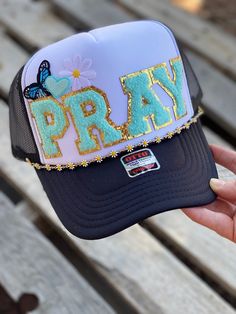 Pray trucker hat Made with great quality hat and patches One of a kind Iron On Trucker Hat Diy, One Size Trucker Hat With Letter Patch, Trucker Hat Designs Ideas, Patch Trucker Hat Ideas, Trendy Trucker Hat With Patches, Custom Trucker Hats Patches, Cute Trucker Hats With Patches, Trucker Hats With Patches, Iron On Patch Trucker Hat