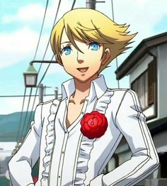 an anime character with blonde hair and blue eyes standing in front of a street light