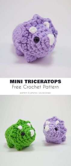 three crocheted animals are shown in different colors and sizes, with the words mini tricreators free crochet pattern