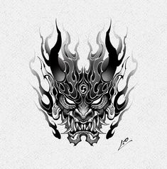 a black and white drawing of a demon mask with flames on it's face