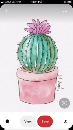 a watercolor painting of a cactus in a pot with a pink flower on top