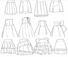 sketches of dresses and skirts for children's clothing, from the front to the back