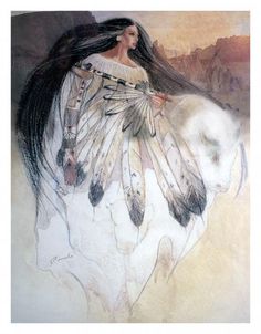 a drawing of a woman with long hair and feathers on her head, sitting next to a white horse