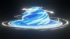 a blue object floating on top of water in the middle of a black background with white lines