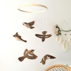 several birds are hanging from the ceiling in a room