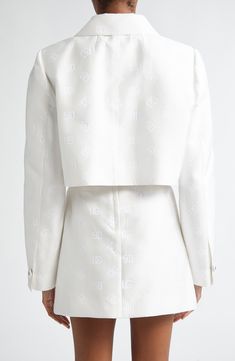 An optic-white hue emphasizes the pristine look of this cropped jacket from the maison's DNA collection, crafted from monogram-quilted jacquard and finished with logoed buttons. Front button closure Spread collar One-button cuffs Stretch-silk lining 43% cotton, 34% polyester, 23% silk Dry clean Made in Italy Designer Clothing Dg Logo, Fabric Gift Bags, Cropped Jacket, Fabric Gifts, Nordstrom Store, Free Fabric, Anniversary Sale, Crop Jacket, Moschino