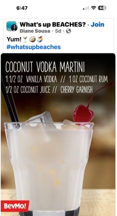 an advertisement for coconut vodka with a cherry on top