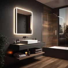 a bathroom with a sink, mirror and bathtub next to a glass doored window