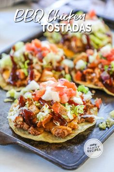 bbq chicken tostadas are served on corn tortillas