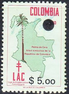 a postage stamp with the map of colombia and palm trees in red, white and black