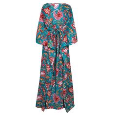 Our Tahitian Teal Floral Maxi Kaftan Dress beckons with the allure of Tahiti's azure seas and lush landscapes. Its intricate print, where vibrant teal fabric blooms with an array of exotic flowers is as challenging to create as it is captivating to behold. This maxi kaftan is a celebration of elegance and exoticism, inviting you to embody the essence of Tahitian paradise with every wear. This unique hand block printed pattern is printed on 100% fine cotton and gets softer and softer with each wa Blue Tropical Print Maxi Dress For Beachwear, Vibrant Green Tropical Print Maxi Dress, Green Dress With Floral Print And Kimono Sleeves, Green Bohemian Dress With Tropical Print, Blue Tropical Dress With Hibiscus Print, Green Hibiscus Print Dress For Vacation, Vibrant Blue Floral Print Maxi Dress, Blue Hawaiian Maxi Dress With Floral Print, Blue Tropical Maxi Dress With Floral Print