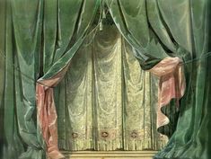 an illustration of a curtained room with green curtains