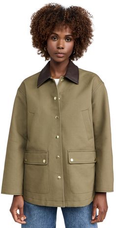 Find RAG & BONE Cassidy Barn Jacket on Editorialist. Fabric: Heavyweight, non-stretch twill. Faux leather collared neck. Long sleeves. Snap placket. Flap and slant front pockets. Shell: 100% polyester. Trim: 100% polyurethane. Lined. Lining: 51% viscose/49% polyester. Dry clean. Imported, Vietnam. Measurements: Measurements from size XS Length: 27.25in / 69.0cm, from shoulder Barn Jacket, Leather Collar, Rag & Bone, Fabric Weights, Vietnam, Faux Leather, Dry Clean, Long Sleeves, Trim