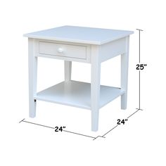 a white end table with one drawer and measurements