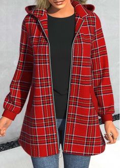 Color:Red;Size:M;Size:L;Size:XXL;Package Contents:1 X Coat;Occasion:Other;Style:Elegant; Cheap Red Outerwear With Button Closure, Plaid Outfit Ideas, Style Seasons, Red Plaid Outfit, Trendy Outerwear, Red Pocket, Trendy Tops For Women, Plaid Outfits, Blue Jumpsuits