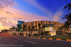 the sun is setting behind palm trees in front of a large building with a fountain