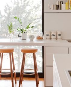 two wooden stools sitting on top of a kitchen counter next to a potted plant