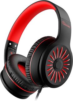 a pair of headphones with red and black accents