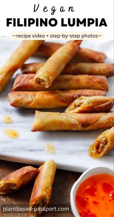 Vegan Filipino lumpia on a platter with sweet chili dipping sauce. Vegan Lumpia Recipe, Vegan Ground Meat, Lumpia Recipe Filipino, Vegan Filipino, Filipino Lumpia, Lumpiang Shanghai, Lumpia Recipe, Veggie Fries, Wok Cooking