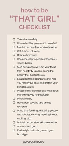 Unlock the secrets to being "that girl" with our comprehensive checklist. Transform into the best version of yourself with healthy habits outlined in our glow-up guide. Embrace discipline and cultivate the mindset needed to become her. Prioritize health and wellness as you manifest your dream life. With this checklist, you'll embody the essence of "that girl" effortlessly. Becoming Best Version Of Yourself Aesthetic, Habits To Glow Up, Upgrading Your Life, That Girl Checklist, Being The Best Version Of Yourself, How To Be Better Version Of Yourself, That Girl Habits, Becoming That Girl, Embrace Discipline