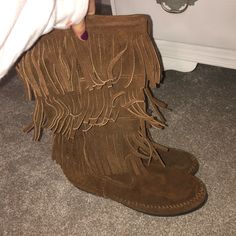 Worn Twice, Like Brand New Flat Suede Boots For Spring, Casual Suede Fringe Boots, Casual Brown Boots With Fringe, Casual Brown Fringe Boots, Casual Brown Festival Boots, Casual Brown Boots For Festival, Casual Fringe Boots With Round Toe, Minnetonka Fringe Boots, Moccasin Ankle Boots