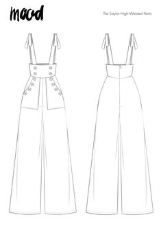 the front and back view of a jumpsuit sewing pattern, with buttons on each side