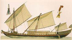 a drawing of a boat with sails on the water