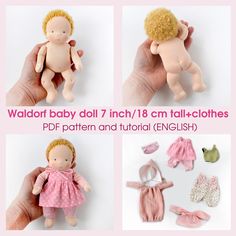 the doll is made from cloth and has four different outfits, including one for a baby