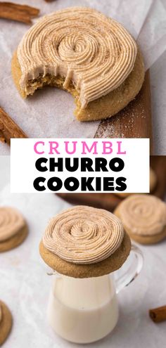 some cookies with icing and cinnamon on top are sitting next to each other in front of the words crumbl churro cookies