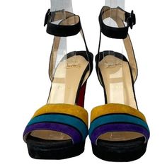 Condition: Brand new with defects. Slight stain on the yellow strap. The original retail price is $1,195 Size: 40.5 Measurements: Insole: 26 cm Width: 7.5 cm Heel Height: 13 cm Platform Height: 1.5 cm Material: Suede Origin: Italy Designer Multicolor Ankle Strap Sandals, Multicolor Ankle Strap Sandals For Formal Occasions, Designer Yellow Sandals With Ankle Strap, Designer Multicolor Formal Sandals, Designer Formal Multicolor Sandals, Multicolor Evening Sandals With Removable Insole, Gianmarco Lorenzi, Sneaker Wedge, Flat Espadrilles