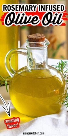 rosemary infused olive oil in a glass jug