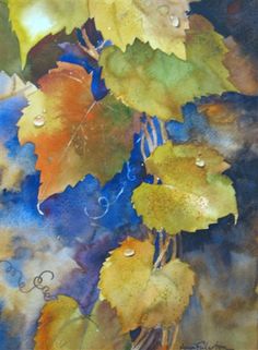 a painting of leaves with drops of water on them