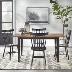 a dining room table with four chairs and a potted plant