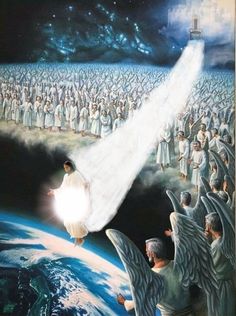 an image of the ascension of jesus with angels in front of him and earth below