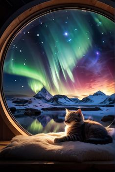 a cat is sitting in front of an open window looking at the aurora and stars