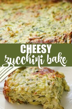 cheesy zucchini bake on a white plate with a fork in it