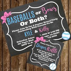 two baseball themed baby shower cards on top of a wooden table