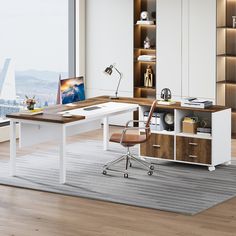 an office with a desk, chair and bookcase in front of a large window