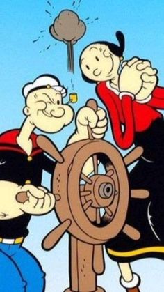 three cartoon characters are playing on the wheel of a sailboat and one is pointing at something