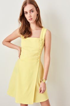 Material: Polyester Style: Sweet Gender: Women Square Neck Mini Dress For Spring Workwear, Spring Workwear Mini Dress With Square Neck, Square Neck Spring Workwear Dresses, Summer Workwear Sundress Mini Dress, Summer Mini Dress With Buttons And Square Neck, Chic Yellow Mini Dress With Square Neck, Elegant Yellow Mini Dress With Square Neck, Spring Cocktail Dress With Buttons, Square Neck Mini Dress For Summer Workwear