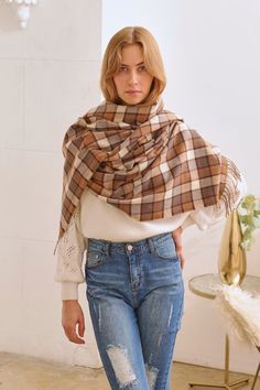 -Plaid scarf-Multicolored stripes-27.55" x 70.86"-100% Polyester Casual Brown Scarf For Fall, Cotton Scarves For Fall, Cotton Shawl Scarves For Fall, Brown Casual Shawl Scarves, Casual Brown Shawl Scarf, Brown Cotton Scarves For Fall, Scarf Blanket, Fall Scarf, Statement Scarf