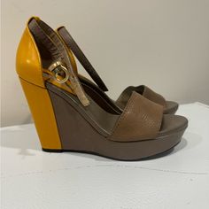 Never Worn Shoes Brown Casual Heels With Contrasting Heel Counter, Brown Casual Heels, Gray Synthetic Heels With Round Toe, Gold Leather Wedge Sandals With 4-inch Heel, Gold Synthetic Wedge Sandals With 4-inch Heel, Brown Synthetic Wedge Sandals With 4-inch Heel, Banana Republic, Shoes Women Heels, Shoes Heels