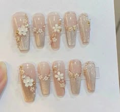 Korean Long Nail Art, Korean Nails Rhinestones, Wedding Nails For Bride Flower, Wedding Nails Korean, Royalcore Nails, Nail Designs Jelly Nails, Nail Art Pengantin, Korean Wedding Nails, Wedding Nail Art Design For Bride