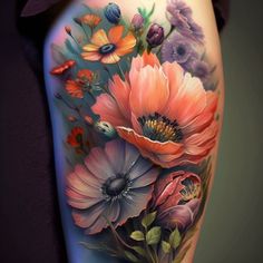 a woman's thigh with flowers painted on it