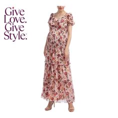 in stock Casual Floral Print Empire Waist Dress, Elegant Multicolor Maxi Floral Dress, Elegant Multicolor Floral Maxi Dress, Chic Floral Print Empire Waist Maxi Dress, Chic Floral Print Maxi Dress With Empire Waist, Feminine Empire Waist Maxi Dress, Elegant Multicolor Maxi Dress For Garden Party, Elegant Multicolor Floral Dress, Feminine Multicolor Short Sleeve Maxi Dress