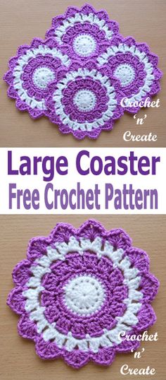 two crocheted coasters with the words large coaster free crochet pattern