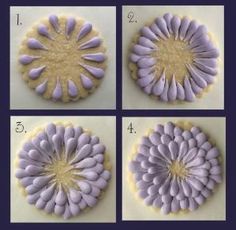 four pictures showing the steps to make a flower shaped cookie with purple icing on top