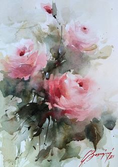 watercolor painting of pink roses on white paper